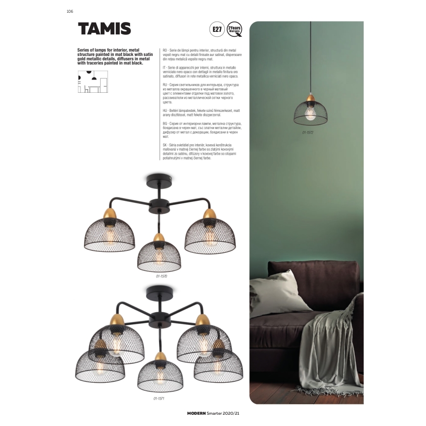 Redo 01-1573 - Luster na sajli TAMIS 3xE27/42W/230V pr. 59 cm crna