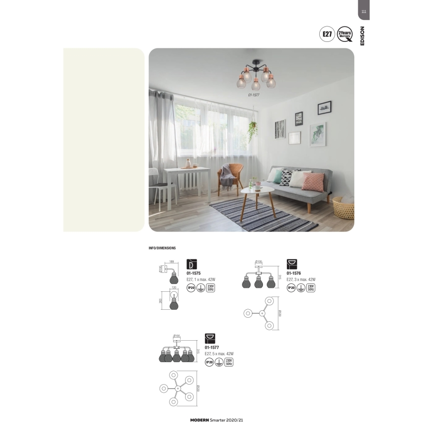 Redo 01-1577 - Luster na šipci EDISON 5xE27/42W/230V, prečnik 53 cm, crna/bakrena
