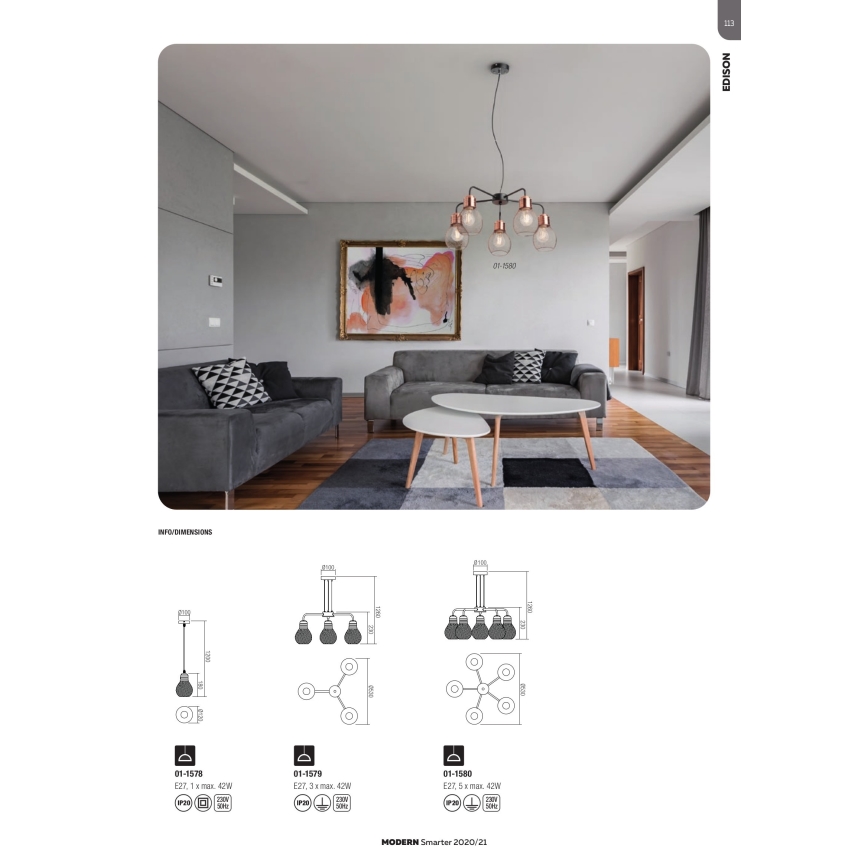 Redo 01-1579 - Luster na sajli EDISON 3xE27/42W/230V prečnik 53 cm crna/bakrena