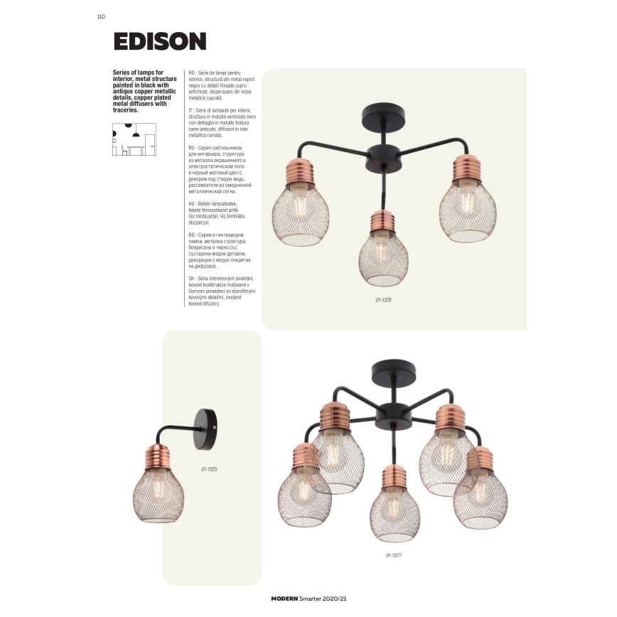 Redo 01-1580 - Luster na sajli EDISON 5xE27/42W/230V prečnik 53 cm crna/bakrena