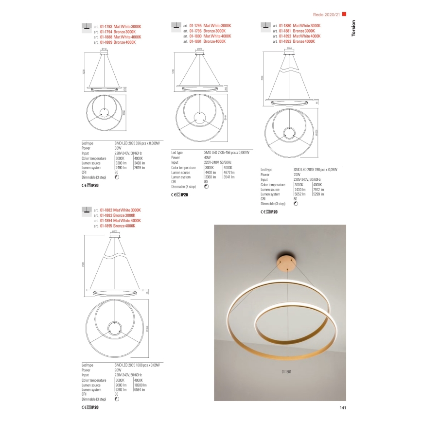 Redo 01-1796 - LED luster na sajli TORSION LED/40W/230V Ø 74 cm bronzana