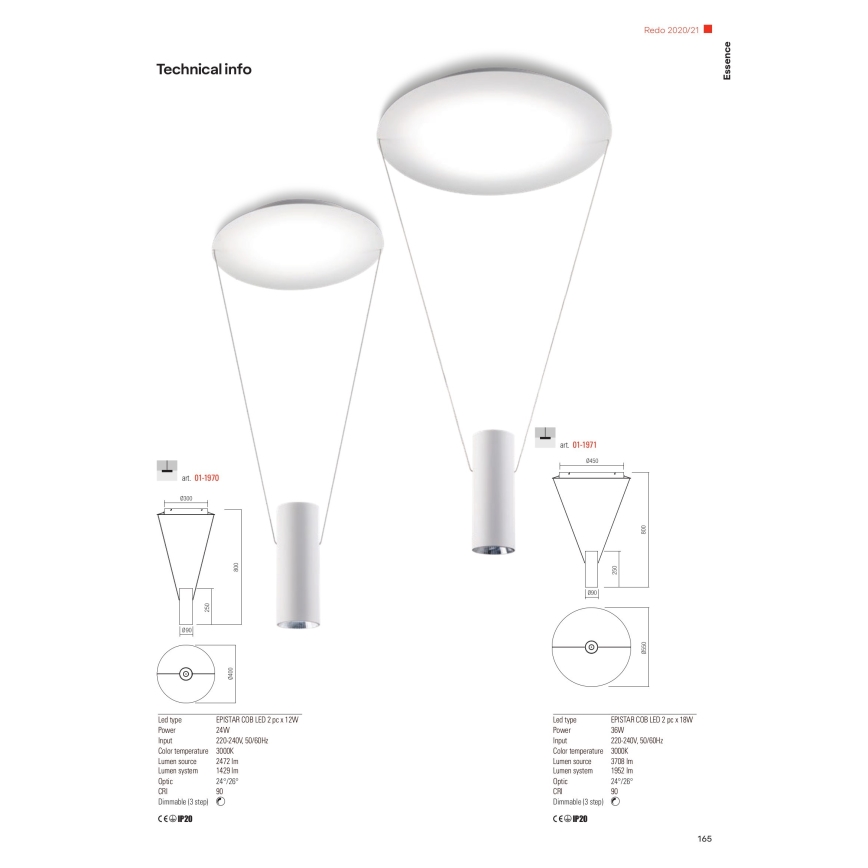 Redo 01-1970 - LED prigušiva luster na sajli ESSENCE LED/24W/230V CRI 90 3000K beo