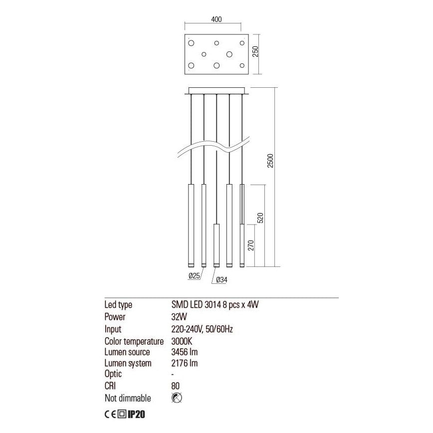 Redo 01-2048 - LED luster na sajli MADISON 8xLED/4W/230V crna