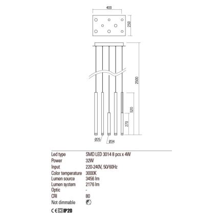 Redo 01-2049 - LED luster na sajli MADISON 8xLED/4W/230V sjajni hrom/crna/bakar