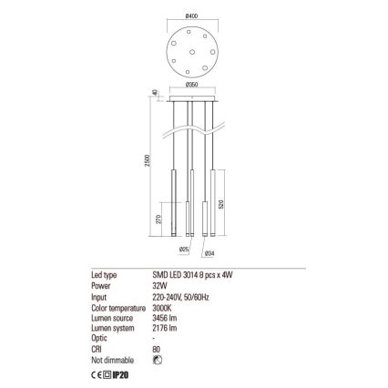Redo 01-2052 - LED luster na sajli MADISON 8xLED/4W/230V crna