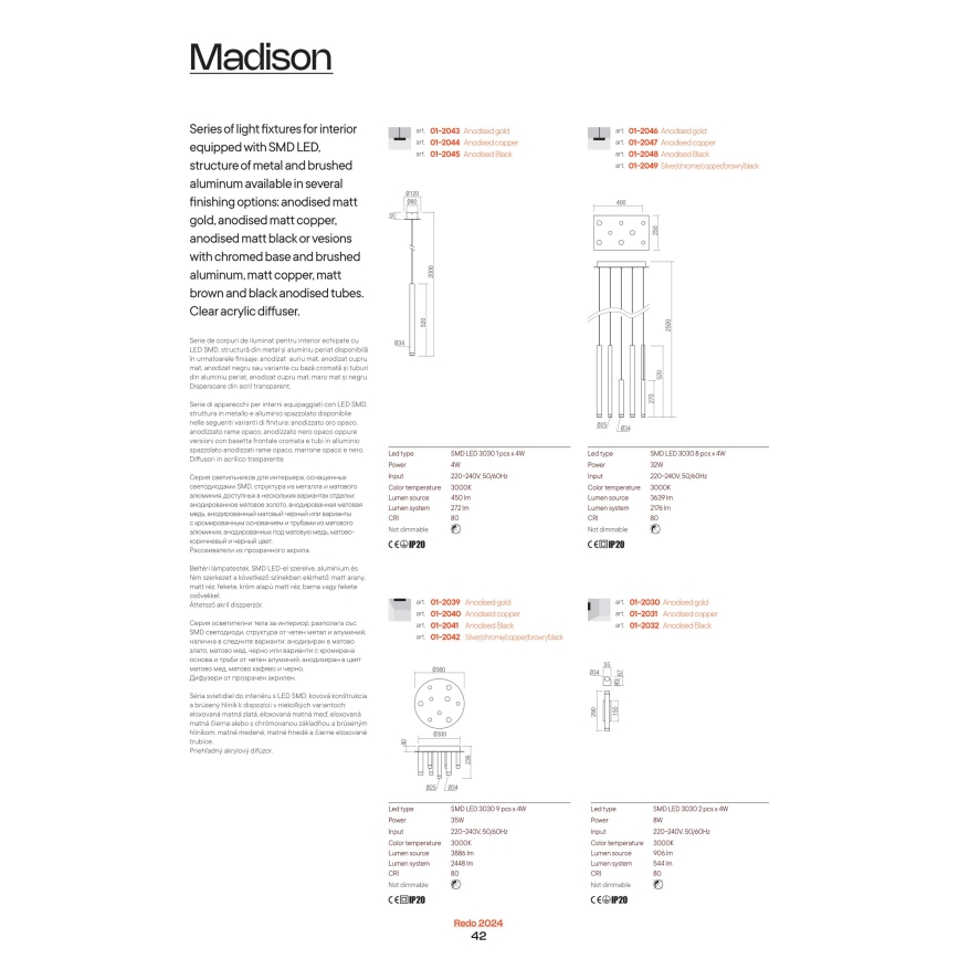 Redo 01-2059 - LED luster na sajli MADISON 16xLED/4W/230V u boji bakra