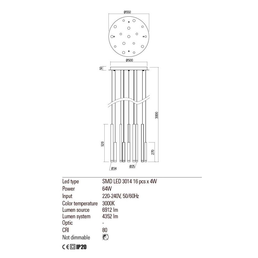 Redo 01-2060 - LED luster na sajli MADISON 16xLED/4W/230V crna