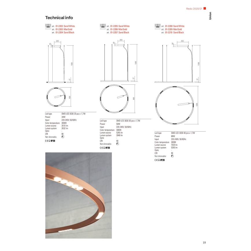 Redo 01-2202 - UNION LED luster na sajli, 34W, 230V, CRI 90, 3000K, prečnik 60 cm, bela