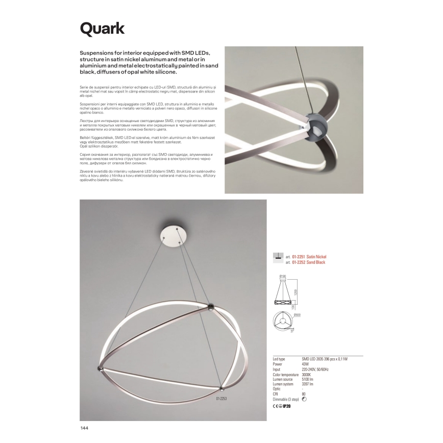 Redo 01-2251 - LED prigušiva luster na sajli QUARK LED/43W/230V 3000K prečnik 60 cm mat hrom
