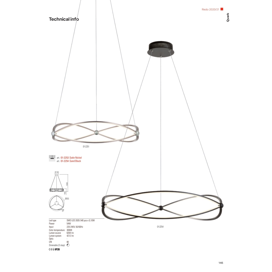 Redo 01-2251 - LED prigušiva luster na sajli QUARK LED/43W/230V 3000K prečnik 60 cm mat hrom