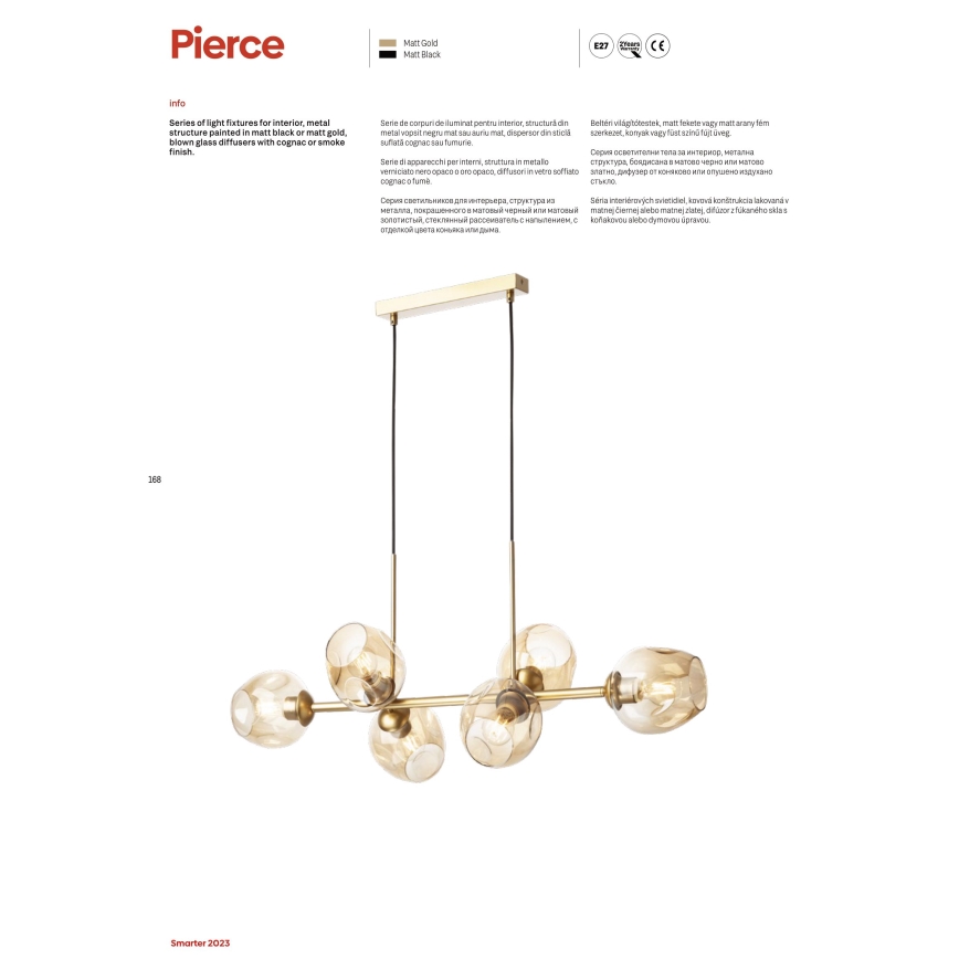 Redo 01-2620 - Luster na sajli PIERCE 6xE27/42W/230V crna/dimljena