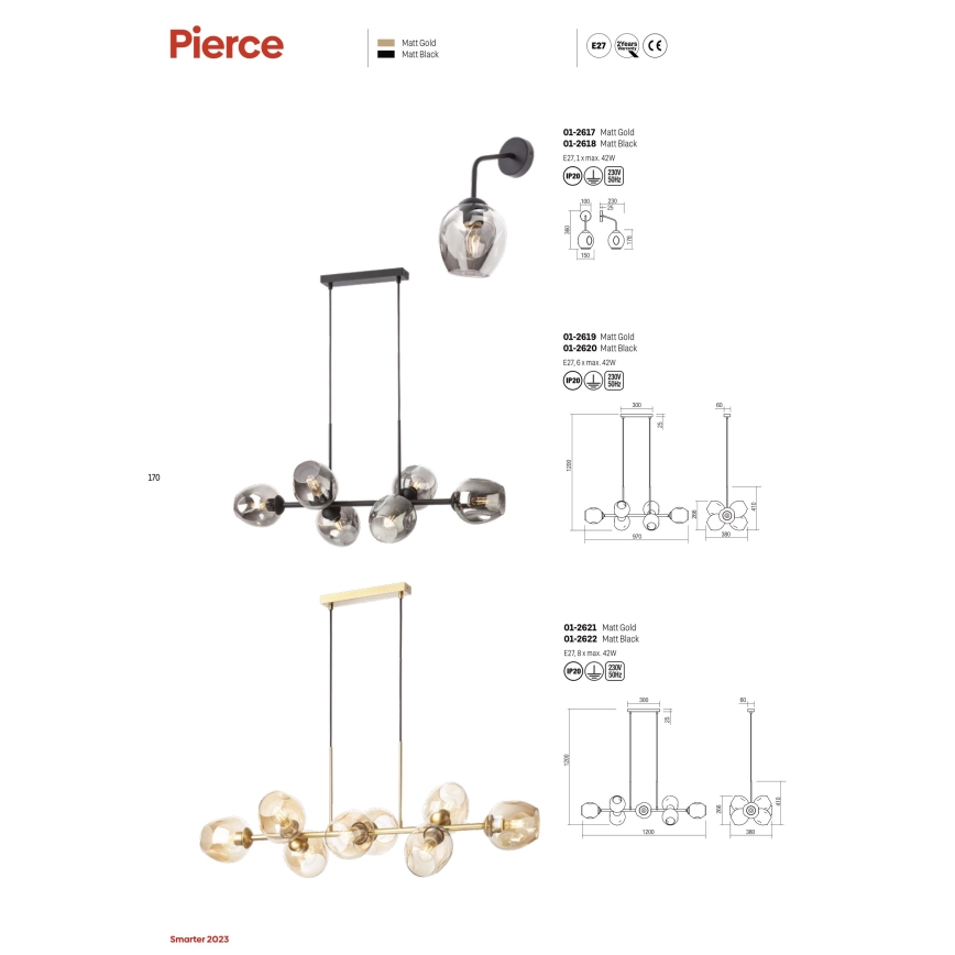Redo 01-2620 - Luster na sajli PIERCE 6xE27/42W/230V crna/dimljena