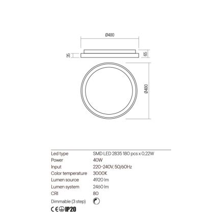 Redo 01-2668 - LED prigušiva plafonska svetiljka ICONIC LED/40W/230V, prečnik 48 cm, crna