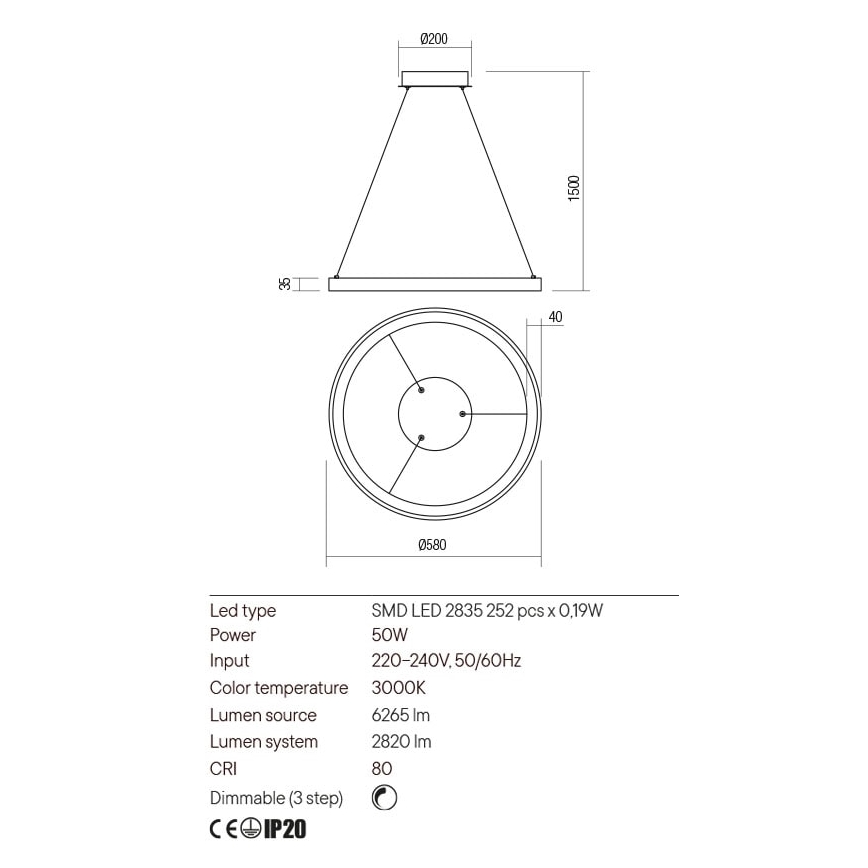 Redo 01-2673 - LED prigušiva luster na sajli ICONIC LED/50W/230V pr. 58 cm zlatna
