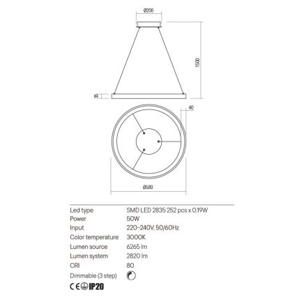 Redo 01-2674 - LED prigušiva luster na sajli ICONIC LED/50W/230V, prečnik 58 cm, crna