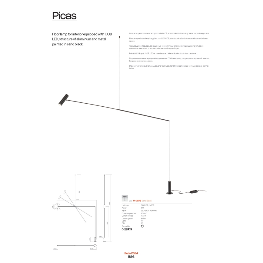 Redo 01-2695 - LED prigušiva podna lampa PICAS LED/12W/230V crna