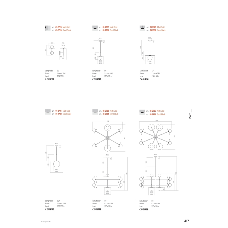 Redo 01-2735 - Luster na šipci PLATO 8xG9/10W/230V zlatna