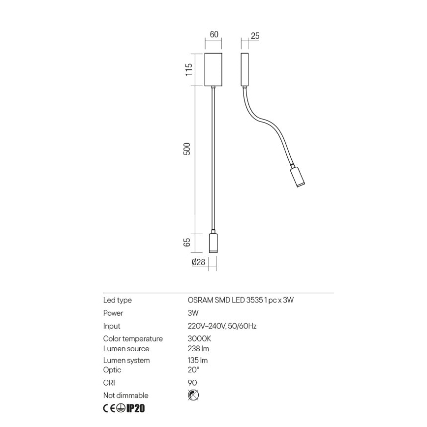 Redo 01-2754 - Fleksibilna LED lampica WALLIE LED/3W/230V USB CRI 90, bela