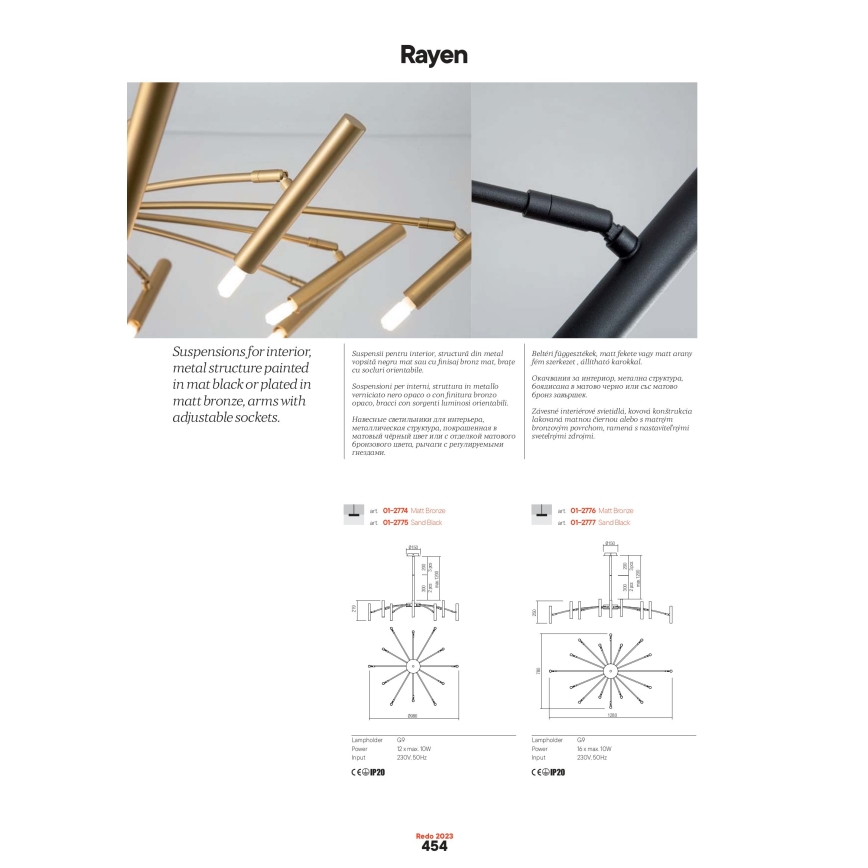 Redo 01-2774 - Luster na šipci RAYEN 12xG9/10W/230V bronza