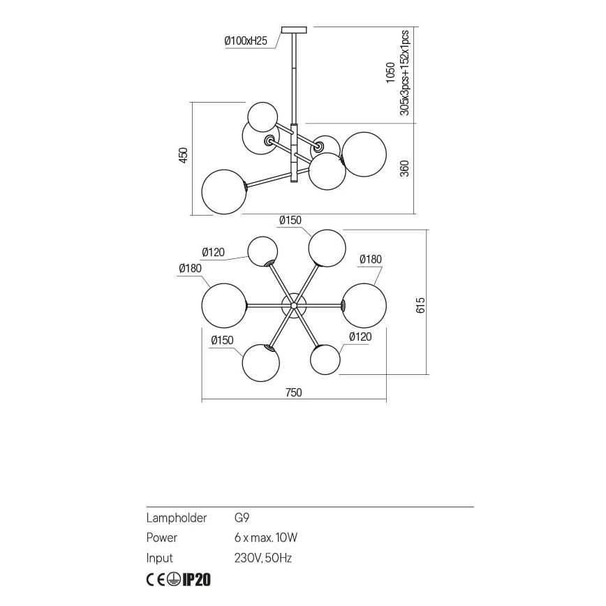 Redo 01-2780 - Luster na sajli ROY 6xG9/10W/230V