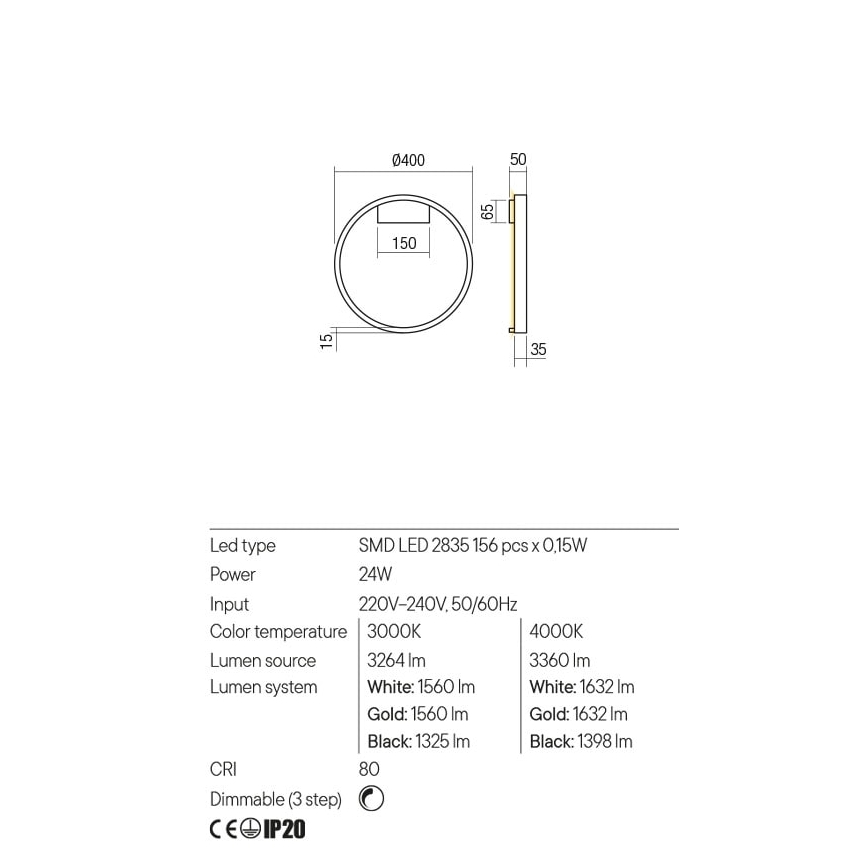 Redo 01-2819 - LED prigušiva zidna svetiljka FEBE LED/24W/230V crna