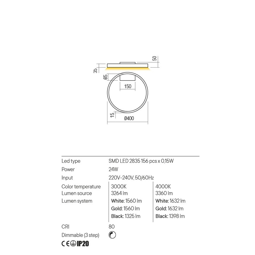 Redo 01-2835 - LED prigušiva zidna svetiljka FEBE LED/24W/230V zlatna
