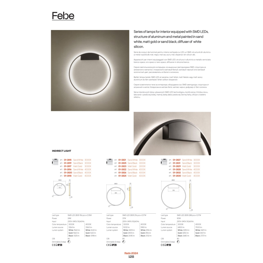 Redo 01-2865 - LED prigušiva luster na sajli FEBE LED/37W/230V zlatna