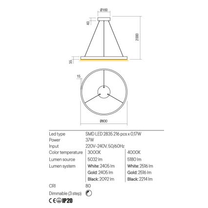 Redo 01-2865 - LED prigušiva luster na sajli FEBE LED/37W/230V zlatna