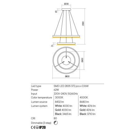 Redo 01-2889 - LED prigušiva luster na sajli FEBE LED/62W/230V zlatna