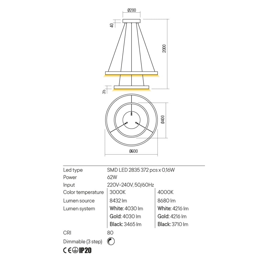 Redo 01-2891 - LED prigušiva luster na sajli FEBE LED/62W/230V crni