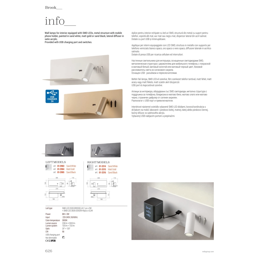 Redo 01-2985 - LED zidno spot svetlo BROOK LED/8W/230V + LED/3W USB CRI 90 crno levo