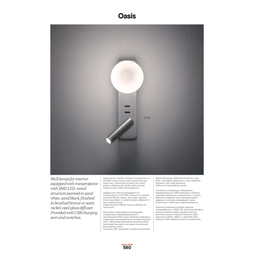 Redo 01-2991 - LED zidna svetiljka OASIS LED/3W/230V + 1xG9/10W USB CRI 90 bela