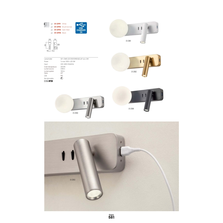 Redo 01-2992 - LED zidno svetlo OASIS LED/3W/230V + 1xG9/10W USB CRI 90 boja bronce