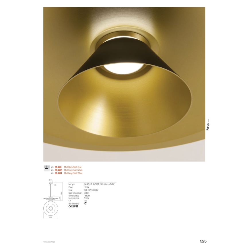 Redo 01-3001 - LED luster na sajli FARGO LED/16,5W/230V CRI 90 prečnik 50 cm crna/zlatna