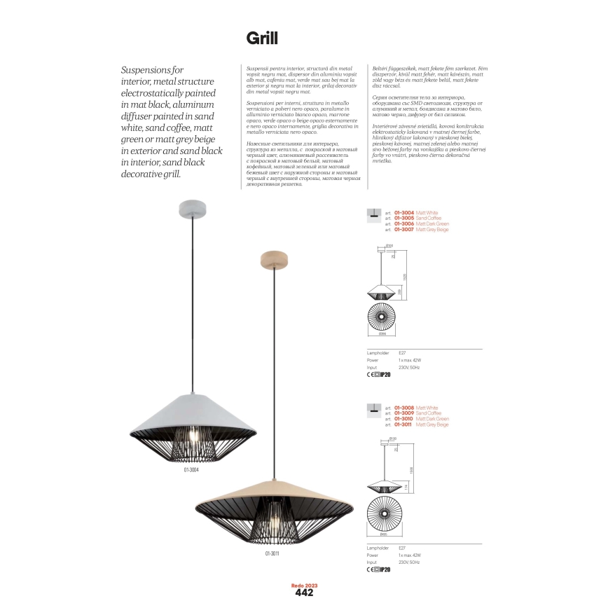 Redo 01-3011 - Luster na sajli GRILL 1xE27/42W/230V prečnik 49,5 cm crna/bež