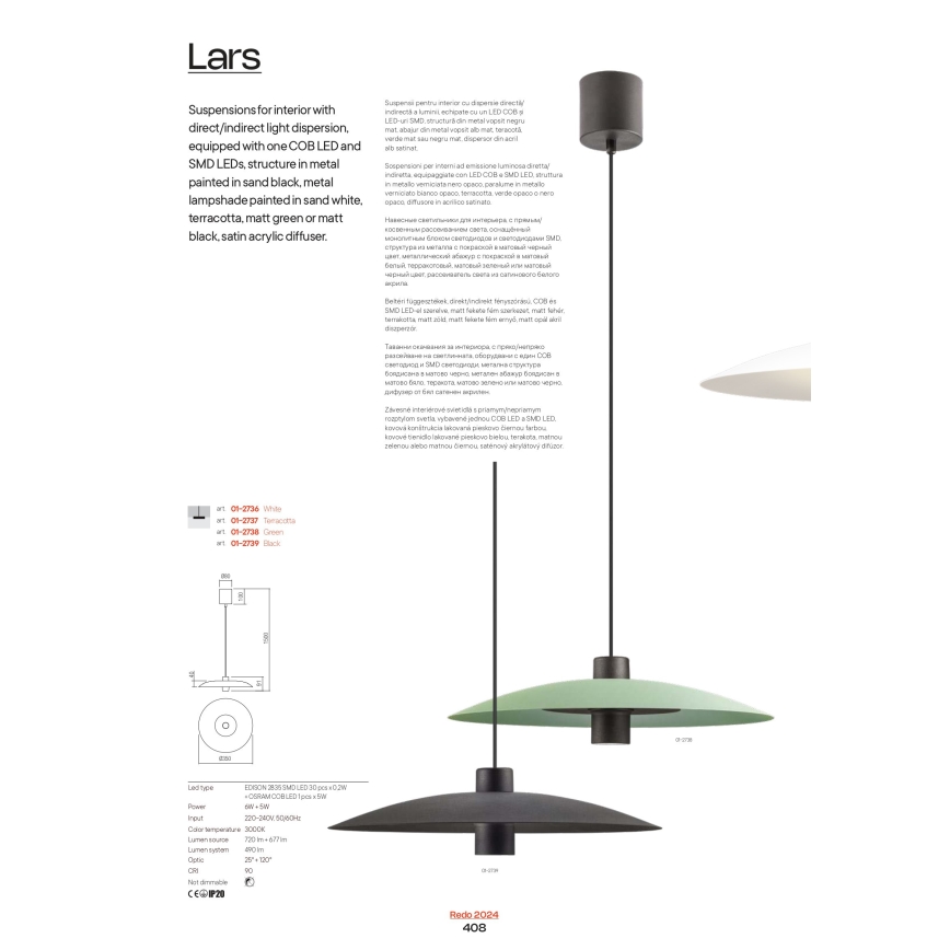 Redo 01-3018 - LED luster na sajli LARS LED/14W/230V + LED/10W prečnik 60 cm CRI 90 bela