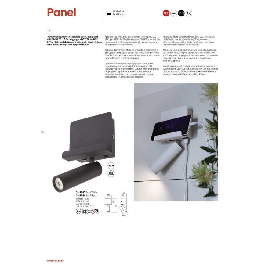 Redo 01-3084 - LED zidno spot svetlo PANEL LED/3,5W/230V USB crna