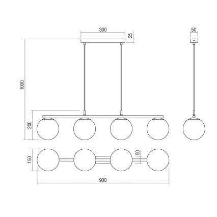 Redo 01-3156 - Luster na sajli BOWLING 4xE27/42W/230V, crne boje