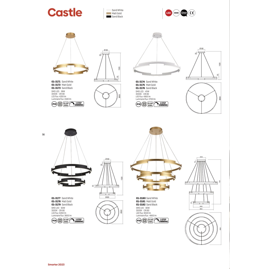 Redo 01-3181 - LED prigušiva luster na sajli CASTLE LED/80W/230V zlatna