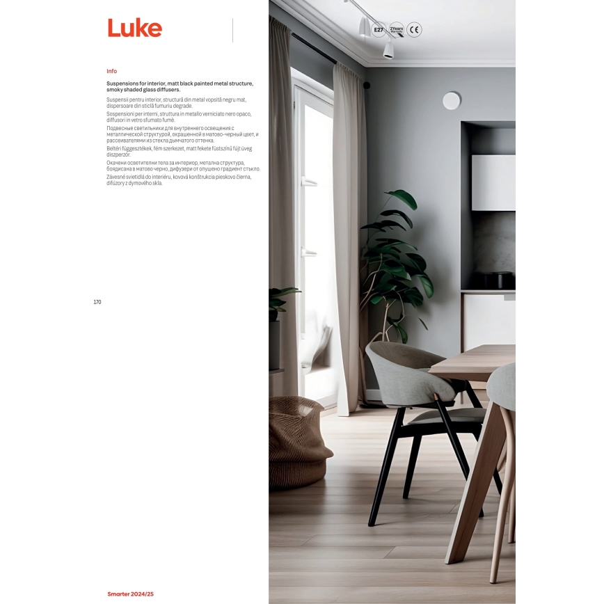 Redo 01-3196 - Luster na sajli LUKE 1xE27/42W/230V prečnik 17 cm crna