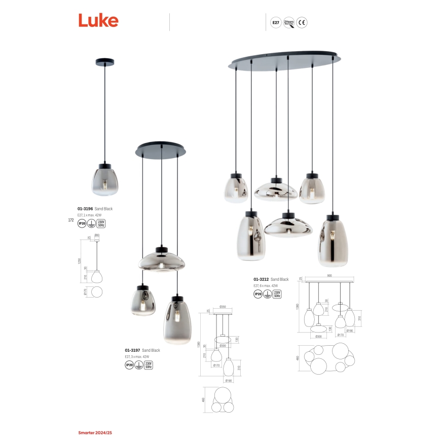 Redo 01-3197 - Luster na sajli LUKE 3xE27/42W/230V, prečnik 46 cm, crna