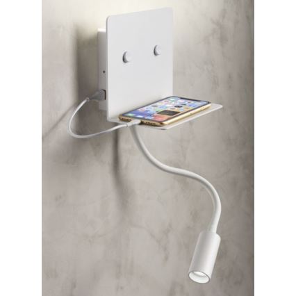 Redo 01-3210 - LED zidno svetlo sa fleksibilnom lampicom MOKA LED/6W + LED/3W/230V USB CRI90 bela