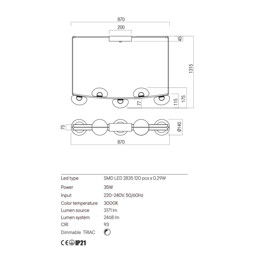 Redo 01-3244 - LED prigušiva luster na sajli SINCLAIR LED/35W/230V CRI 93 IP21 crna