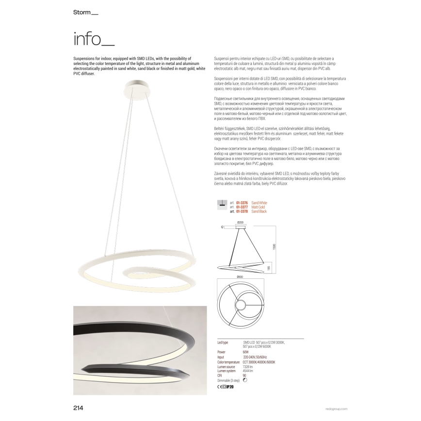 Redo 01-3377 - LED prigušiva luster na sajli STORM LED/60W/230V 3000/4000/6000K CRI 90 preč. 80 cm zlatni