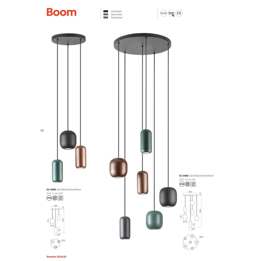 Redo 01-3480 - Luster na sajli BOOM 3xGU10/10W/230V prečnik 33 cm crna/zelena/braon