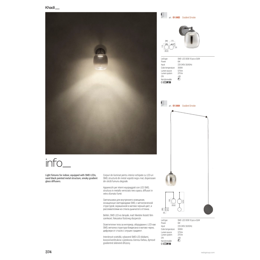 Redo 01-3486 - LED luster na sajli KHADI LED/6W/230V CRI 90 prečnik 12 cm crna/zadimljeno