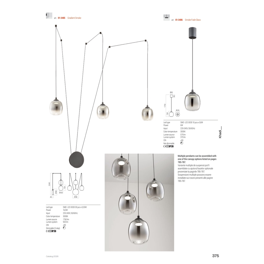 Redo 01-3486 - LED luster na sajli KHADI LED/6W/230V CRI 90 prečnik 12 cm crna/zadimljeno