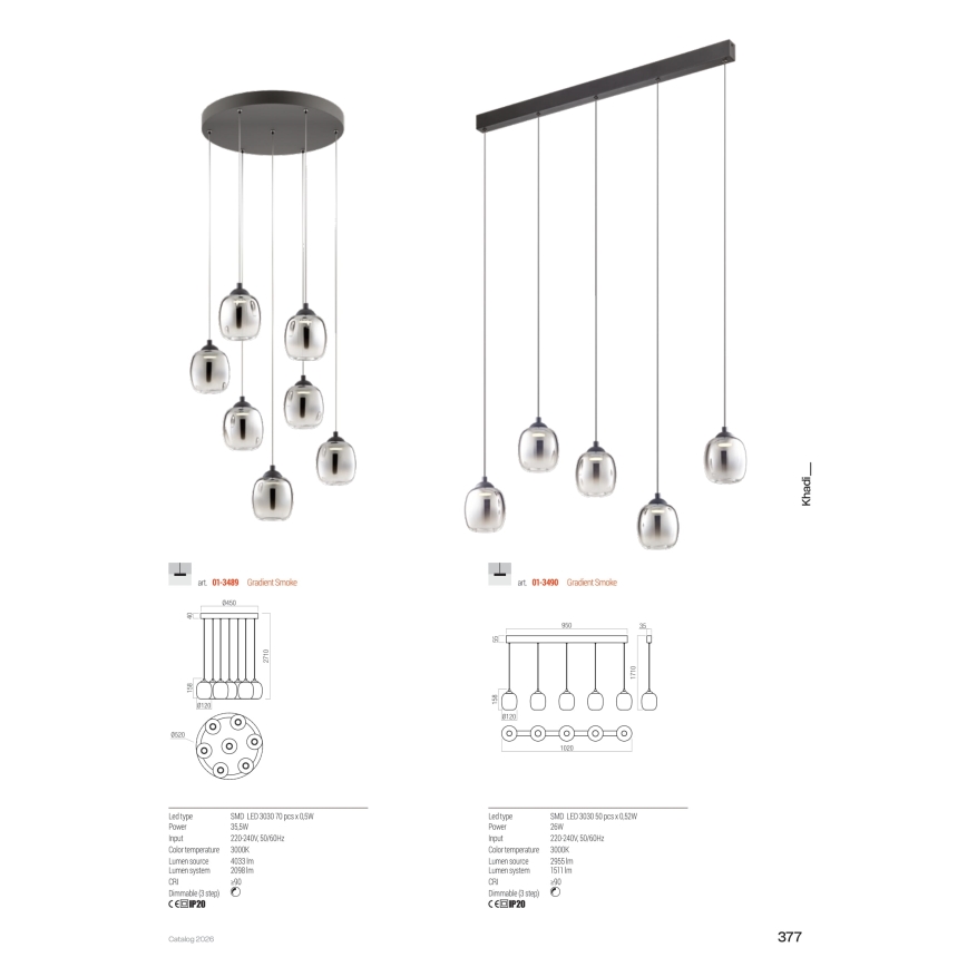 Redo 01-3489 - LED prigušiva luster na sajli KHADI 7xLED/5W/230V CRI 90, prečnik 52 cm, crna/dimljena
