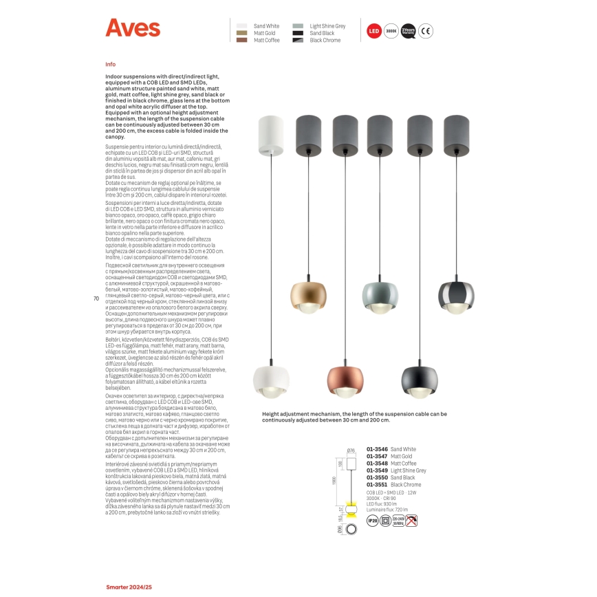 Redo 01-3547 - LED luster na sajli AVES LED/12W/230V, prečnik 9,6 cm, CRI 90, zlatna