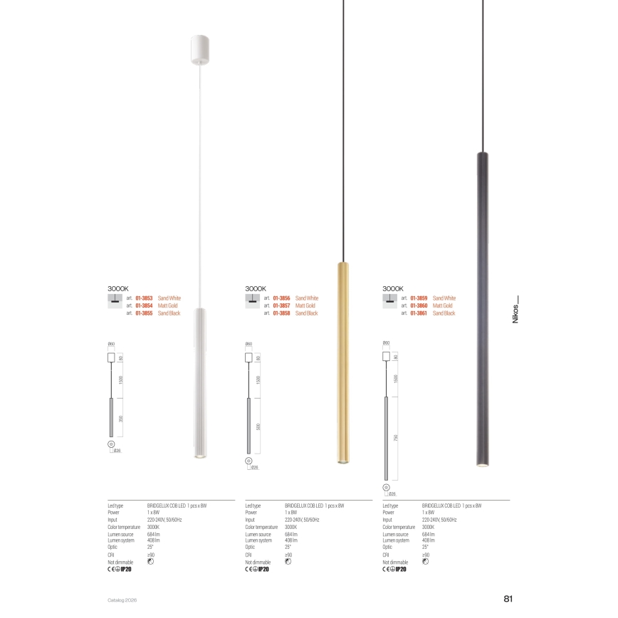 Redo 01-3856 - LED luster na sajli NIKOS, LED/8W/230V, 3000K CRI 90, prečnik 6 cm, bela